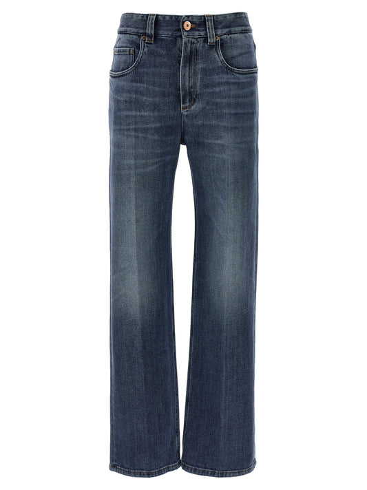 Jeans by Brunello Cucinelli for women in stretch denim cotton blue presents a tailored silhouette, showcasing a tailored straight-leg, relaxed-fit & wide and long cut with a refined for a truly tailored aesthetic.