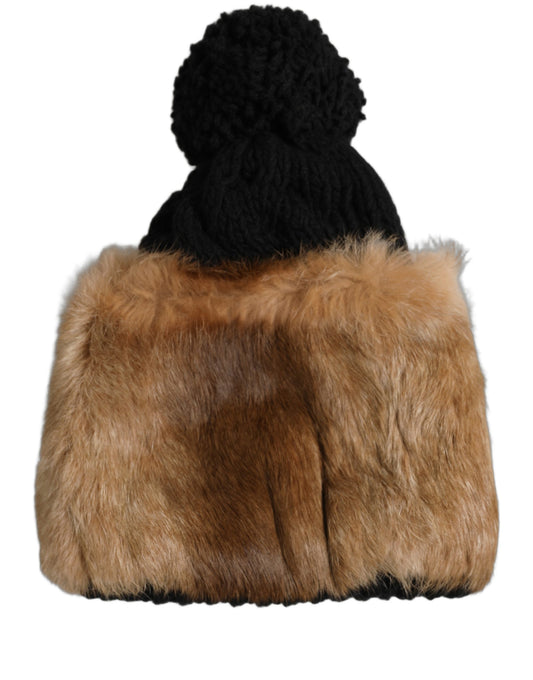 Dolce & Gabbana Rabbit Fur & Virgin Wool Beanie Hat - Black Brown Signature