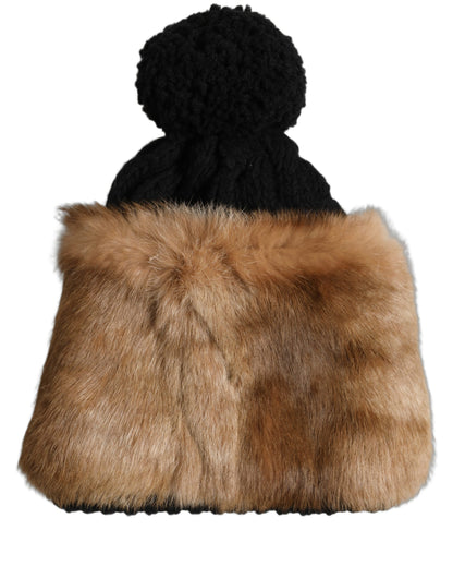 Dolce & Gabbana Rabbit Fur & Virgin Wool Beanie Hat - Black Brown Signature
