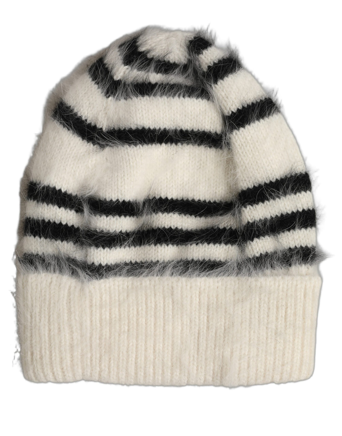 Dolce & Gabbana Angora & Nylon Beanie Hat - Black White Zebra Patterned Signature Striped