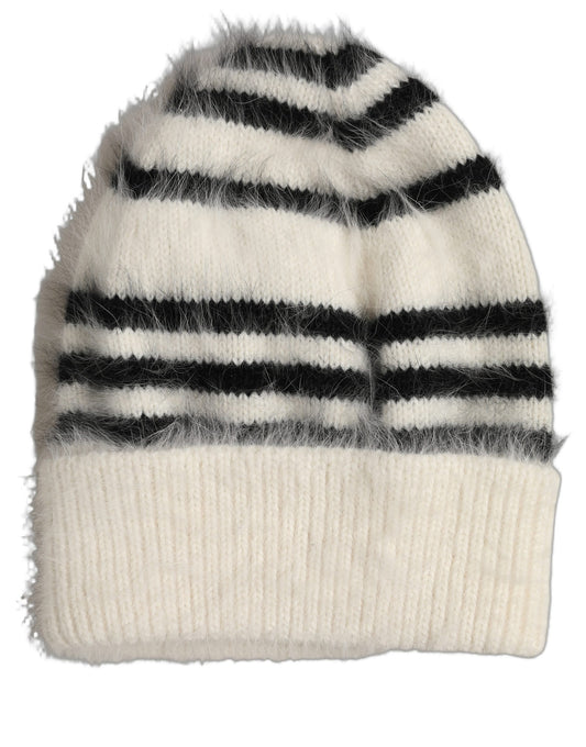 Dolce & Gabbana Angora & Nylon Beanie Hat - Black White Zebra Patterned Signature Striped