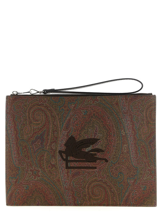 Large Shoulder Flap Clutch Handbag by Etro for unisex in poly cotton & calfskin leather bicolour, brown, green, paisley, jacquard & signature showcases a sculptural silhouette, featuring a secure snap, flap & zipper, ample , and versatile shoulder-strap, wristlet, adjustable-strap, detachable-strap & handle for a sculptural aesthetic.