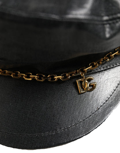 Dolce & Gabbana Black Cotton Gold DG Chain Baker Boy Capello Hat