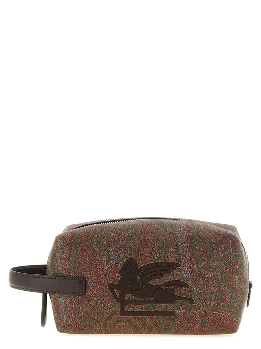 Small Toiletry Bag by Etro for men in polyester cotton & embossed leather brown, paisley, jacquard & striped features a unassuming Arnica Essence Pegaso Polyester Cotton & Embossed Leather Small Toiletry Bag design with a secure zipper, organized , and versatile handle for travel.