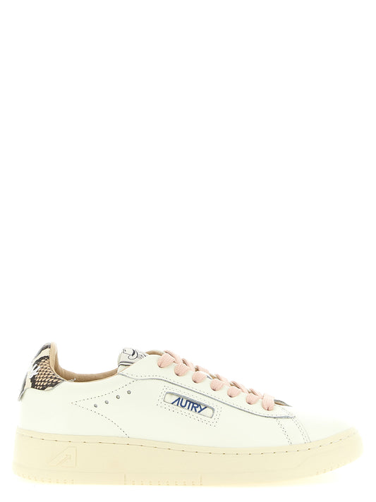 Sneakers by Autry for women in cowhide python leather multicolor & pink presents a sumptuous silhouette, artfully capturing the essence of the Women's Low Top Cowhide Python Leather Sneakers with its sumptuous low-top style design.