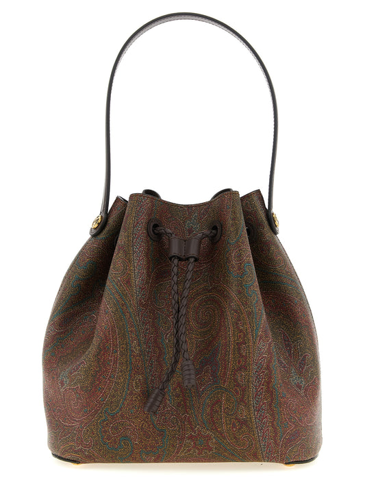 Small Quilted Crossbody Bucket Handbag by Etro for women in poly cotton & calfskin leather bicolour, brown, gold, green, paisley, jacquard & signature presents a ornamental silhouette, showcasing a secure snap & flap, ample , and versatile crossbody-strap, shoulder-strap, adjustable-strap & handle for a ornamental finish.