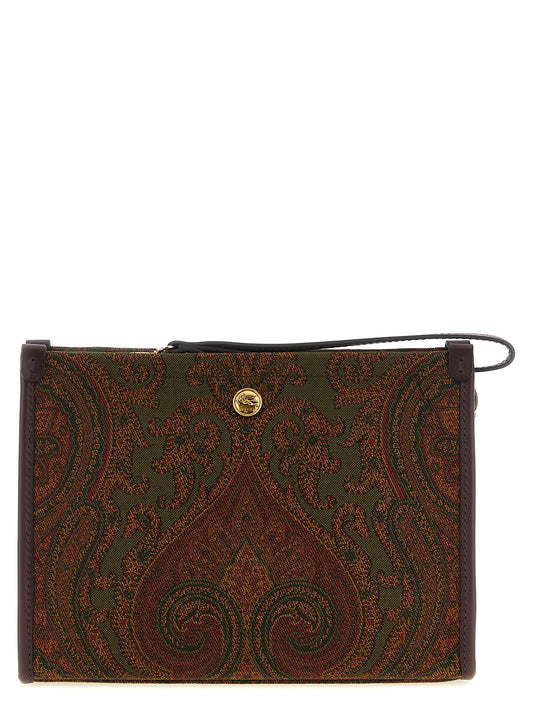 Large Shoulder Flap Clutch Handbag by Etro for women in viscose & calfskin leather bicolour, burgundy, gold, green, multicolor, olive, paisley & jacquard features a statuesque silhouette, showcasing a secure snap, flap & zipper and organized with versatile shoulder-strap, handle, wristlet, adjustable-strap & detachable-strap for statuesque evening wear.