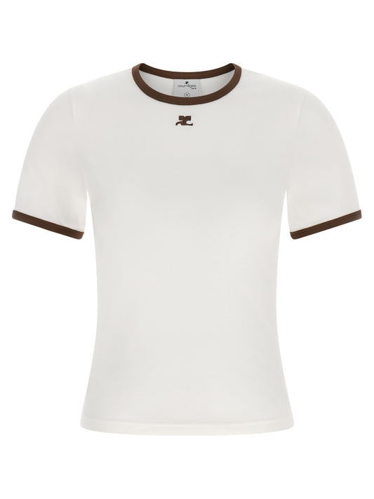 T-Shirt by Courrèges for women in cotton canvas & acetate brown, white & signature features an on trend silhouette, perfectly showcasing a on trend and crew neckline for an elevated aesthetic.