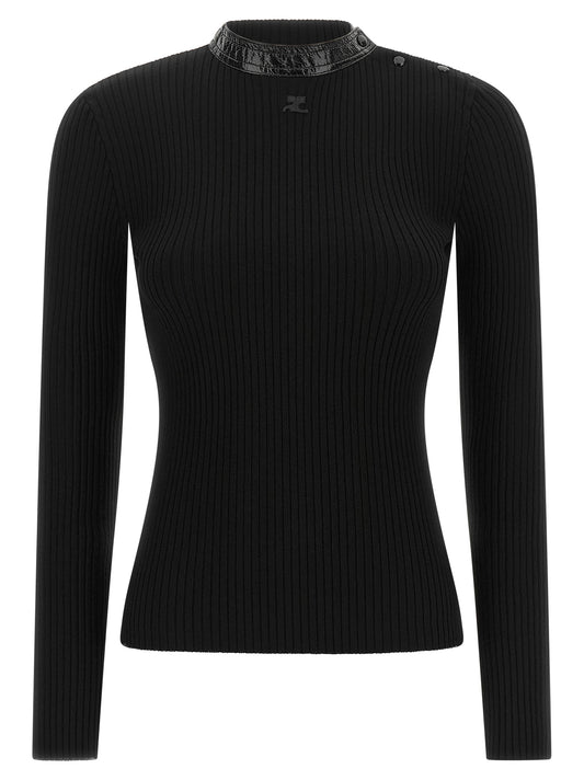 Cardigan by Courrèges for women in acetate vinyl & viscose black showcases a captivating silhouette, artfully detailed with a captivating and high-collar neckline for a truly sophisticated captivating look.