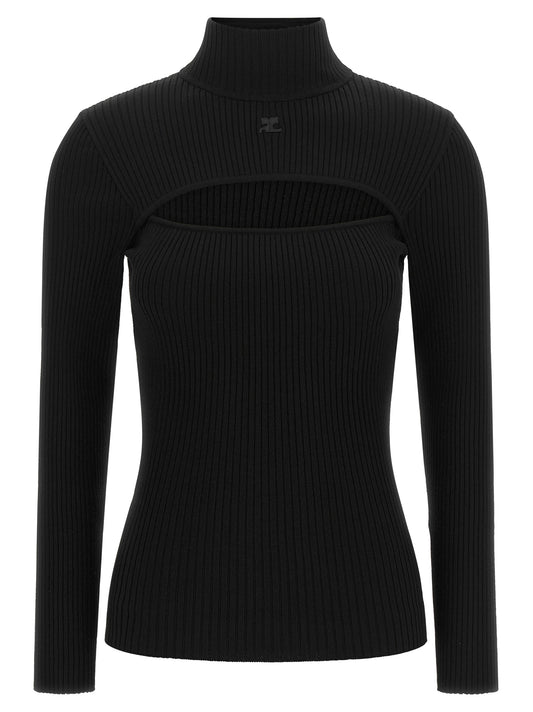 Cardigan by Courrèges for women in acetate & stretch viscose black features a dramatic silhouette, showcasing a sophisticated high-neck neckline and dramatic detail for a timeless, premium look.