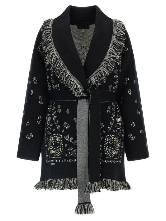 Cardigan by Alanui for women in cashmere black, patterned & jacquard features a dramatic silhouette, showcasing a sophisticated shawl-collar neckline and dramatic detail for a timeless, premium look.
