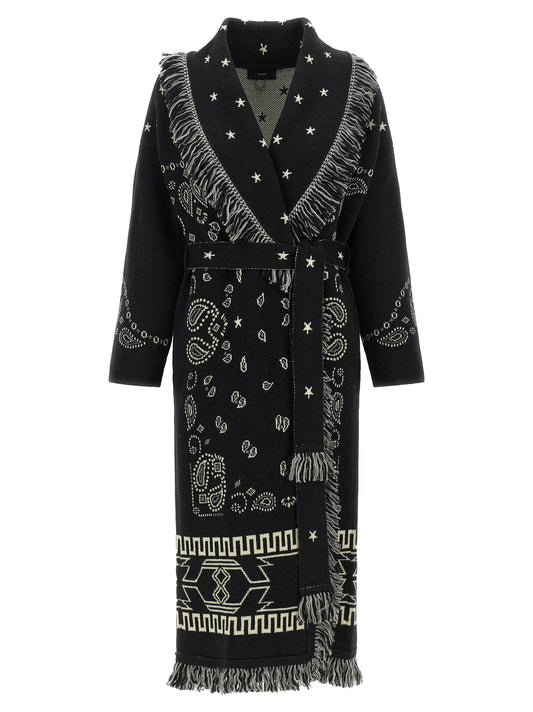 Trench Coat by Alanui for women in virgin wool black, patterned & jacquard presents a distinguished silhouette, artfully detailed with pockets and a distinguished wrap shawl-collar neckline for a sophisticated, distinguished finish.
