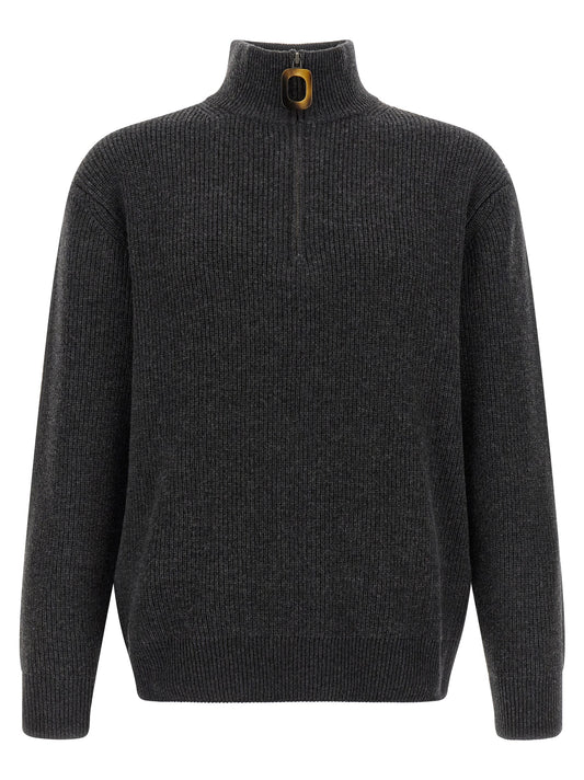 Cardigan by J.W.Anderson for men in steel cotton & wool gray, horn & patterned features a dramatic silhouette, showcasing a sophisticated high-neck neckline and dramatic detail for a timeless, premium look.