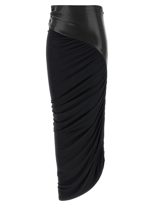 Skirt by The Andamane for women in viscose faux leather black & patterned features a contoured silhouette from the Play Women's Asymmetrical Viscose Faux Leather Skirt collection, characterized by its contoured midi for a contoured finish.
