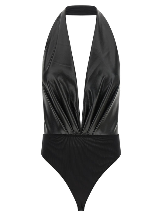 Bodysuit by The Andamane for women in polyester leather black, transparent & patterned features a exclusive silhouette, artfully finished with a exclusive v-neck plunging neckline and for a exclusive look.