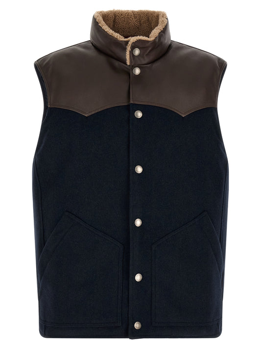 Vest by Brunello Cucinelli for men in nylon flannel leather & goose-down beige, brown, navy & silver showcases a utilitarian silhouette, artfully incorporating pockets & insulated and a utilitarian high-neck neckline for a truly utilitarian finish.