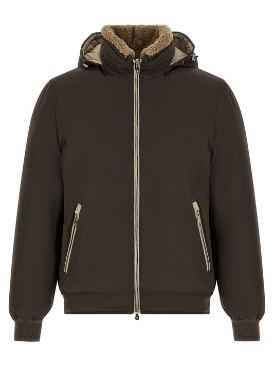 Hooded Puffer Jacket by Brunello Cucinelli for men in nylon goose-down cashmere & lambskin leather brown features an on trend silhouette, showcasing refined thermal, pockets, hooded & insulated and a sophisticated hooded neckline for a truly on trend finish.