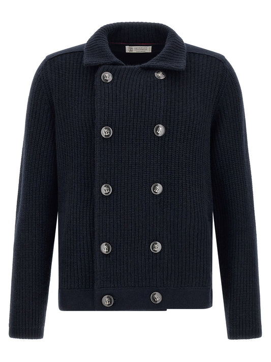 Cardigan by Brunello Cucinelli for men in cashmere navy features a dramatic silhouette, showcasing a sophisticated shirt-collar neckline and dramatic detail for a timeless, premium look.