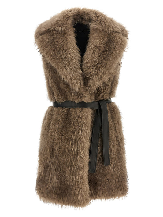 Vest by BLANCHA for women in cashmere goat leather & lamb shearling beige, black & natural showcases a dynamic silhouette, perfectly balancing with a dynamic shawl-collar neckline for a sophisticated, high-fashion look.