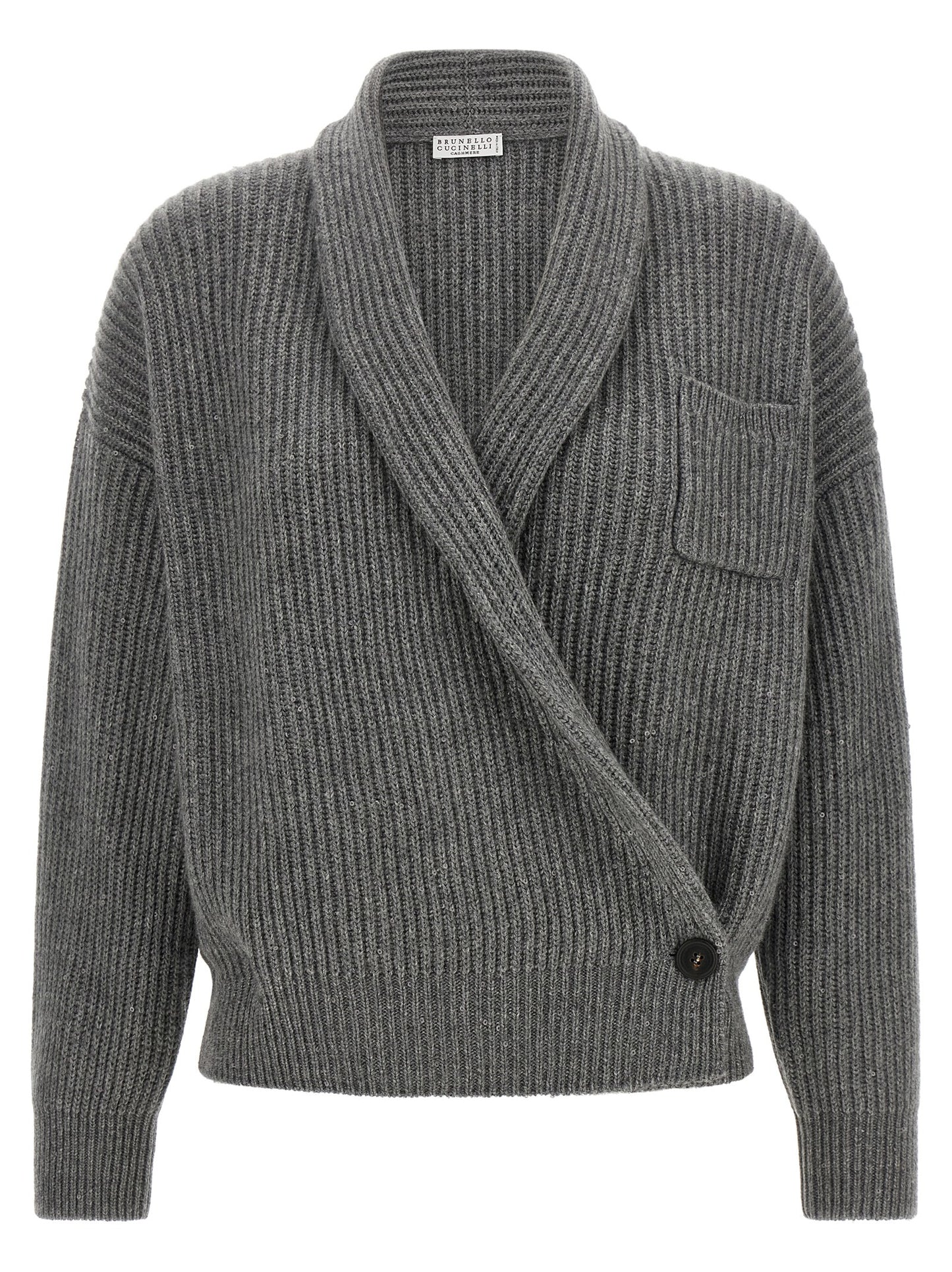 Cardigan by Brunello Cucinelli for women in silk cashmere & sequins gray features an crisp silhouette, showcasing a sophisticated asymmetric shawl-collar neckline and detail for a truly crisp finish.