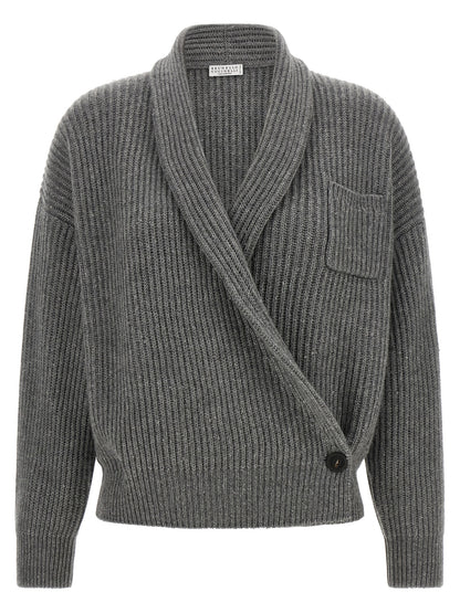 Cardigan by Brunello Cucinelli for women in silk cashmere & sequins gray features an crisp silhouette, showcasing a sophisticated asymmetric shawl-collar neckline and detail for a truly crisp finish.