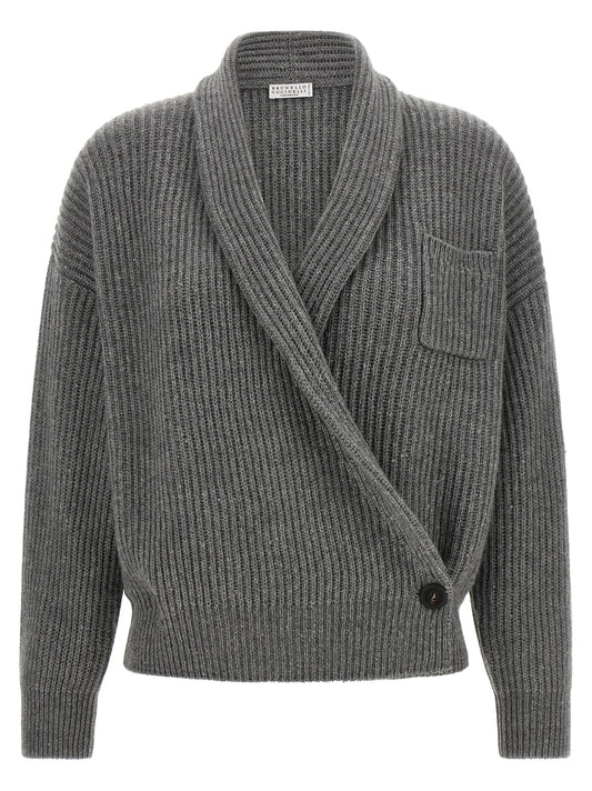 Cardigan by Brunello Cucinelli for women in silk cashmere & sequins gray features an crisp silhouette, showcasing a sophisticated asymmetric shawl-collar neckline and detail for a truly crisp finish.
