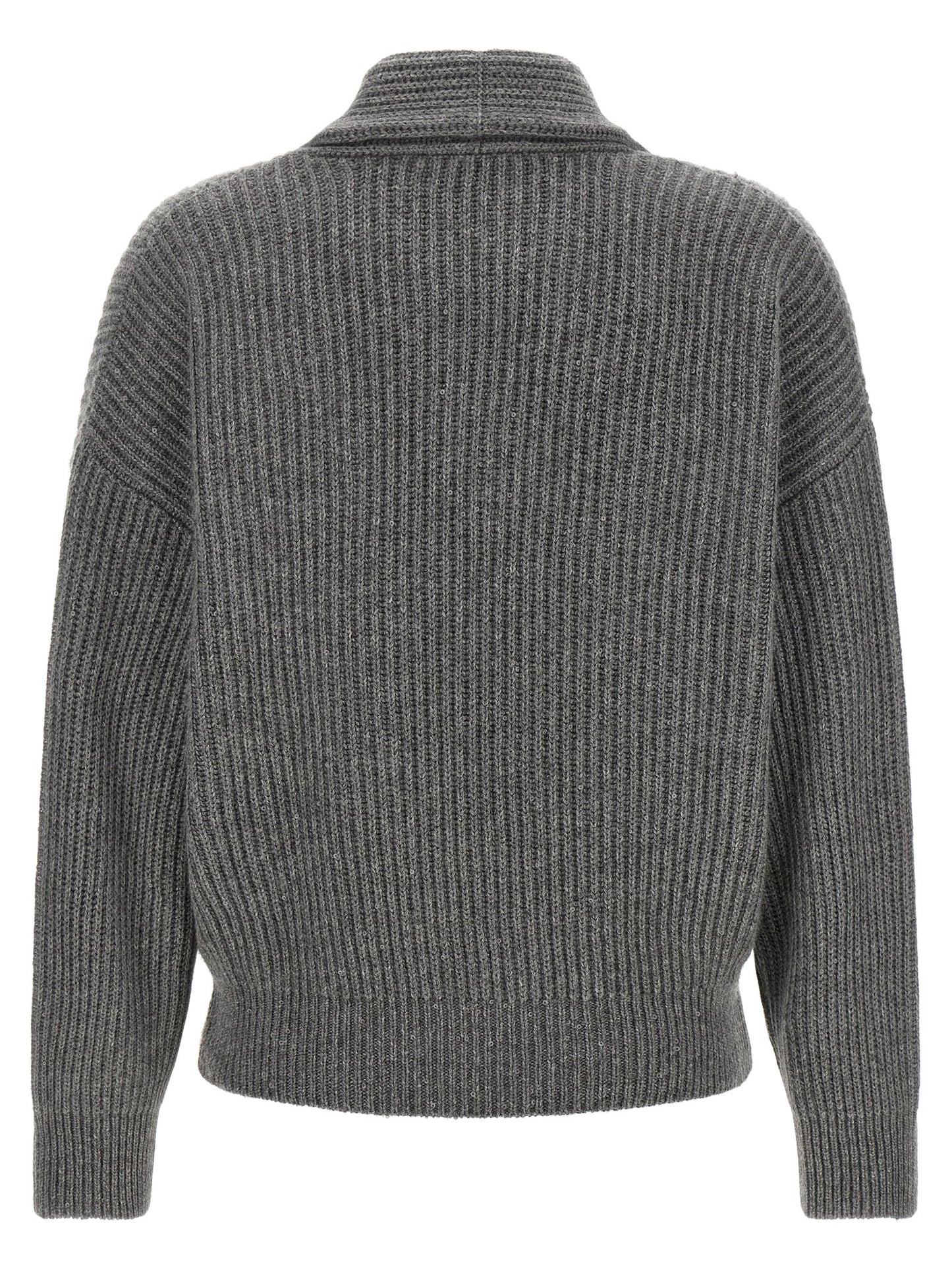 Cardigan by Brunello Cucinelli for women in silk cashmere & sequins gray presents a textural silhouette, artfully finished with a textural asymmetric shawl-collar neckline and for a sophisticated, textural look.
