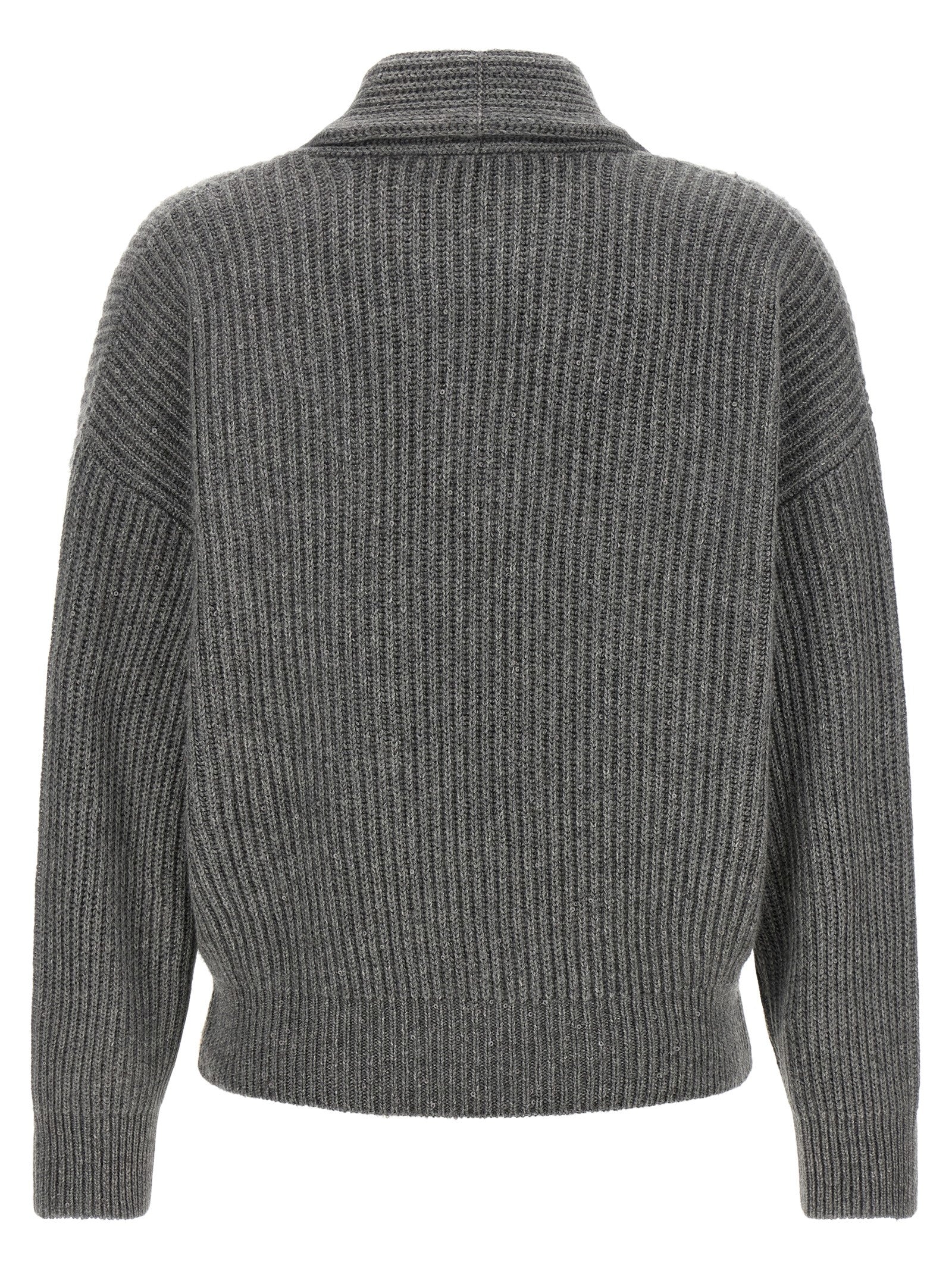 Cardigan by Brunello Cucinelli for women in silk cashmere & sequins gray presents a textural silhouette, artfully finished with a textural asymmetric shawl-collar neckline and for a sophisticated, textural look.