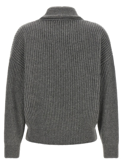 Cardigan by Brunello Cucinelli for women in silk cashmere & sequins gray presents a textural silhouette, artfully finished with a textural asymmetric shawl-collar neckline and for a sophisticated, textural look.