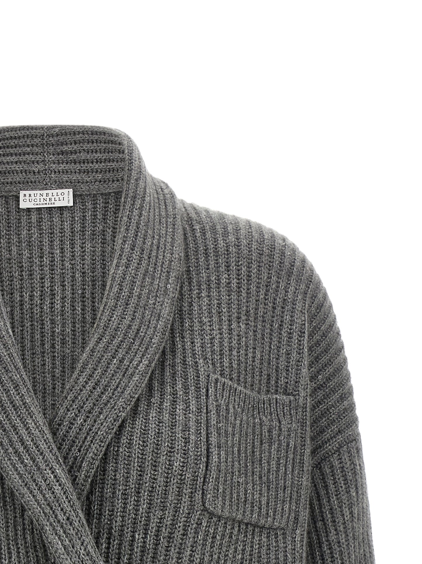 Cardigan by Brunello Cucinelli for women in silk cashmere & sequins gray showcases a captivating silhouette, artfully detailed with a captivating and asymmetric shawl-collar neckline for a truly sophisticated captivating look.