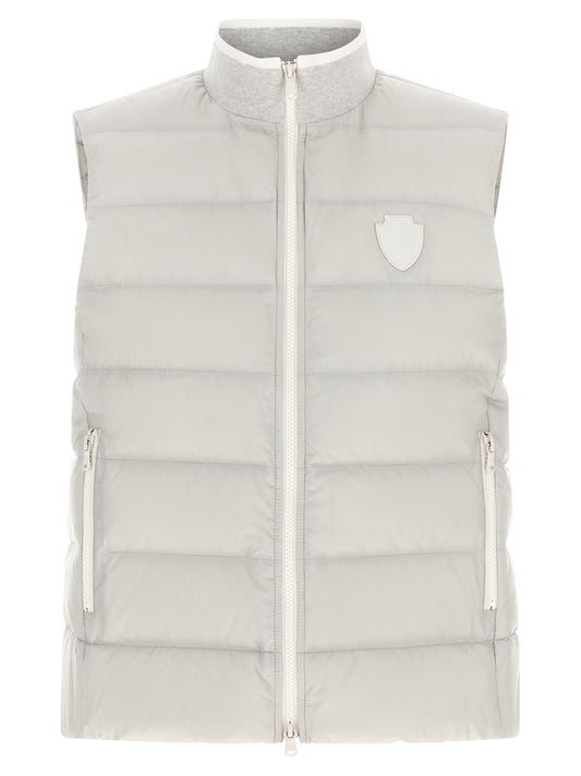 Vest by Brunello Cucinelli for women in polyester gray, light-grey & signature showcases a utilitarian silhouette, artfully incorporating pockets & insulated and a utilitarian high-neck neckline for a truly utilitarian finish.