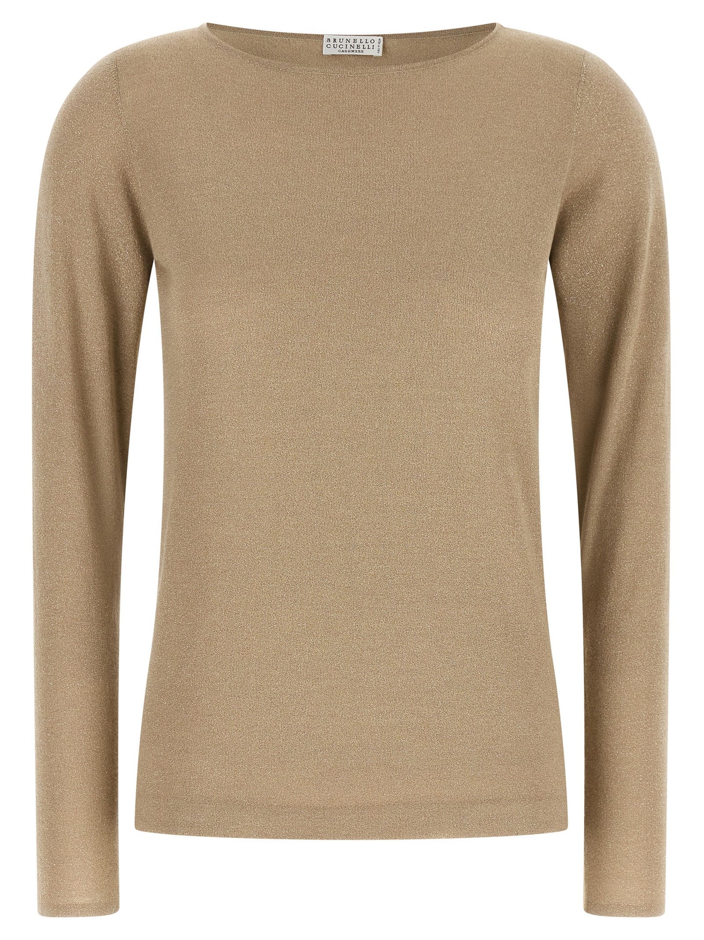 Cardigan by Brunello Cucinelli for women in cashmere silk beige showcases a luxurious silhouette, meticulously detailed with a sophisticated boat neckline and long-sleeve for a refined finish.