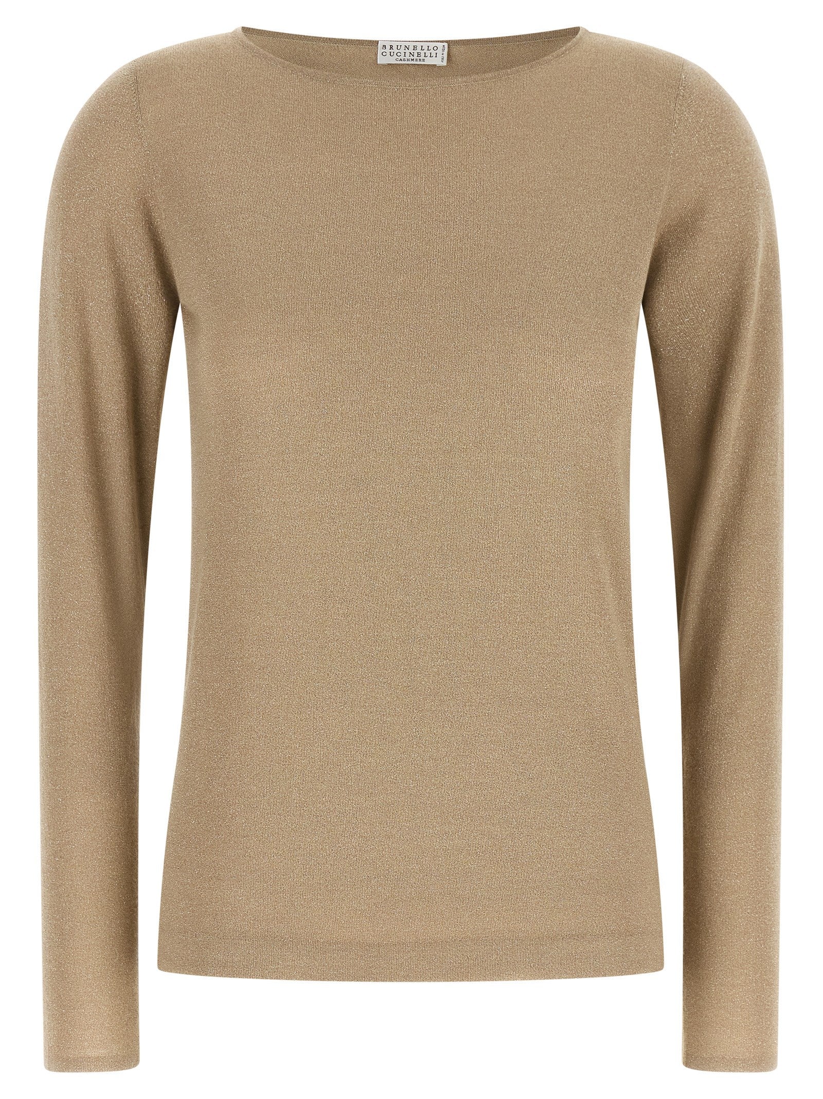 Cardigan by Brunello Cucinelli for women in cashmere silk beige showcases a luxurious silhouette, meticulously detailed with a sophisticated boat neckline and long-sleeve for a refined finish.
