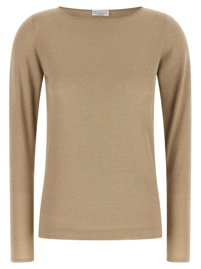 Cardigan by Brunello Cucinelli for women in cashmere silk beige showcases a luxurious silhouette, meticulously detailed with a sophisticated boat neckline and long-sleeve for a refined finish.