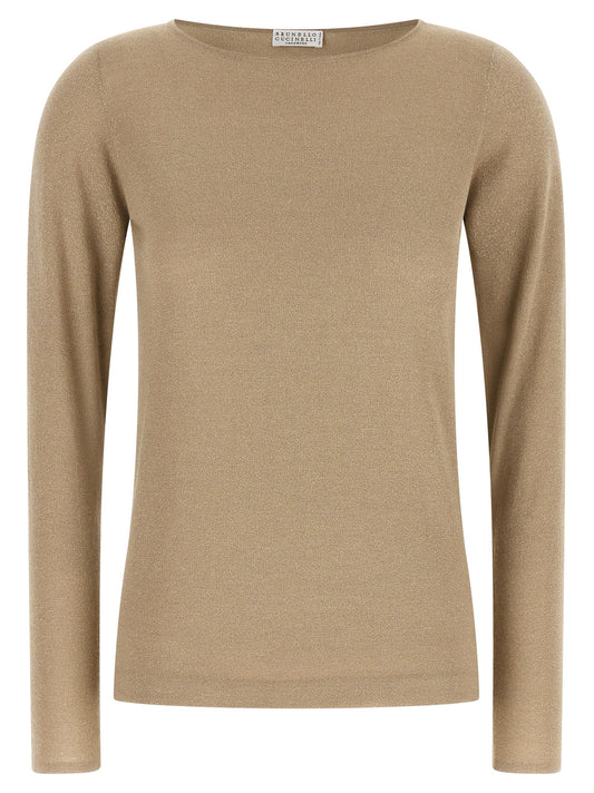 Cardigan by Brunello Cucinelli for women in cashmere silk beige showcases a luxurious silhouette, meticulously detailed with a sophisticated boat neckline and long-sleeve for a refined finish.