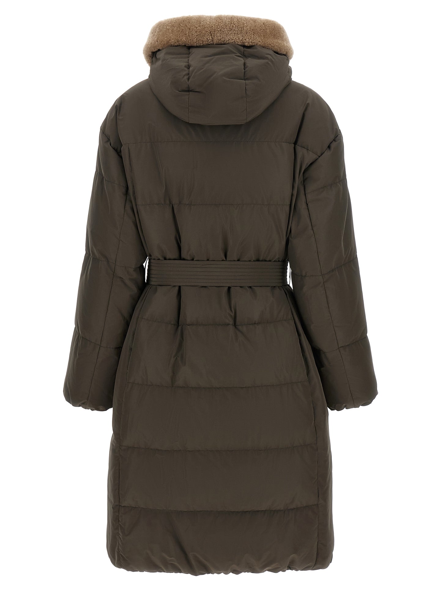 Hooded Puffer Jacket by Brunello Cucinelli for women in cotton canvas bicolour, green, olive & patterned showcases a bohemian silhouette, artfully detailed with a bohemian hooded neckline and signature pockets, hooded & insulated for a truly bohemian finish.