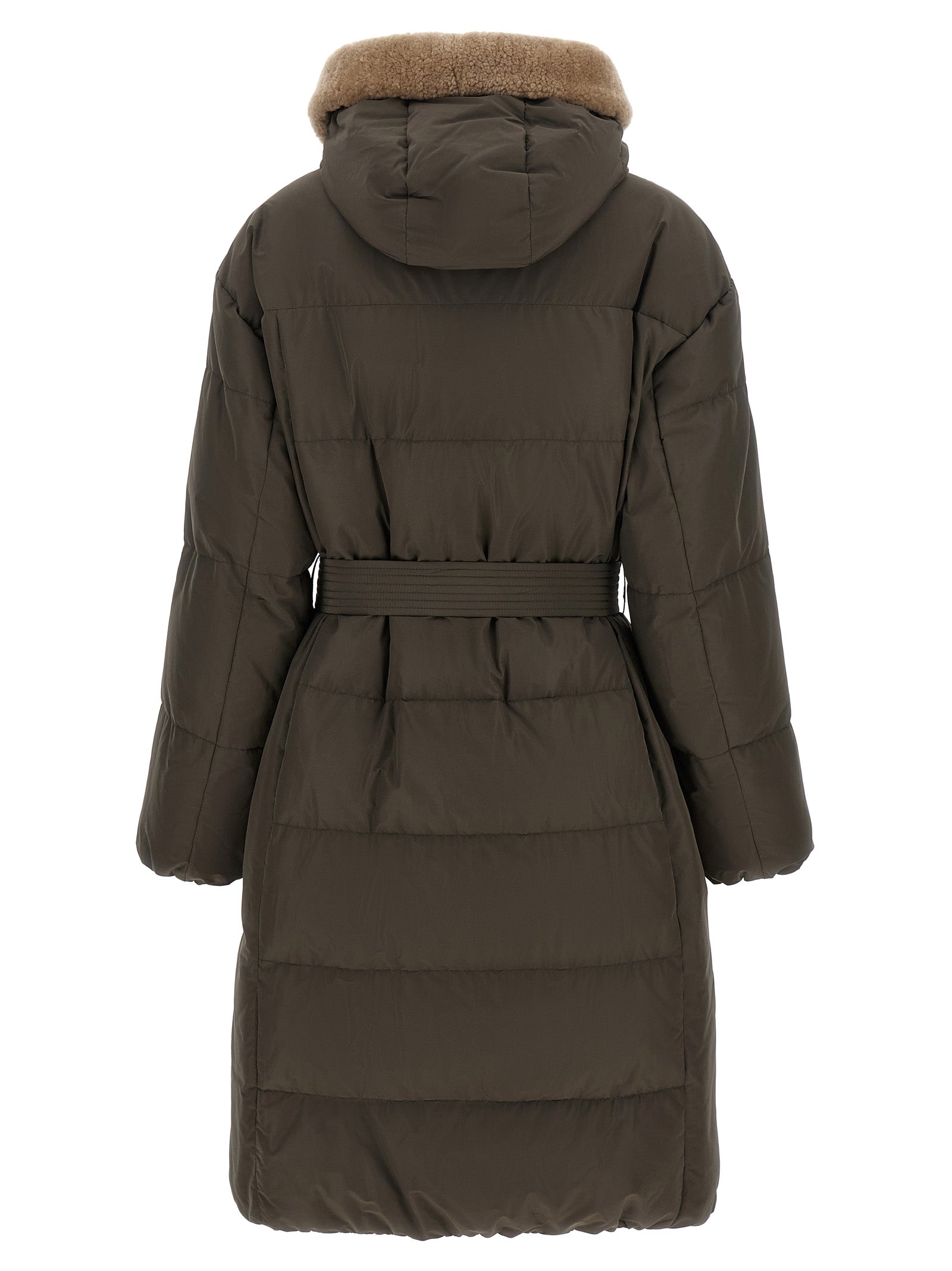 Hooded Puffer Jacket by Brunello Cucinelli for women in cotton canvas bicolour, green, olive & patterned showcases a bohemian silhouette, artfully detailed with a bohemian hooded neckline and signature pockets, hooded & insulated for a truly bohemian finish.