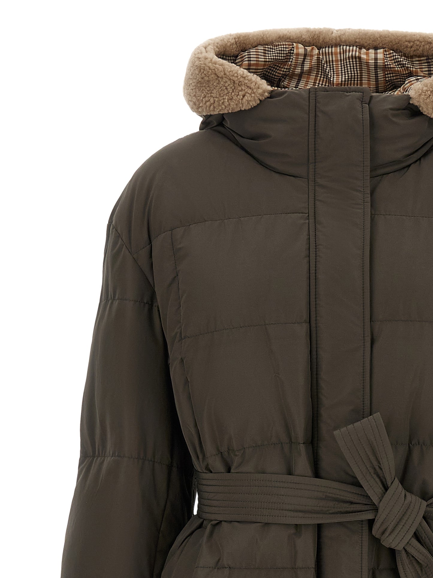 Hooded Puffer Jacket by Brunello Cucinelli for women in cotton canvas bicolour, green, olive & patterned features a dramatic silhouette, showcasing a sophisticated hooded neckline and distinctive pockets, hooded & insulated for a dramatic aesthetic.