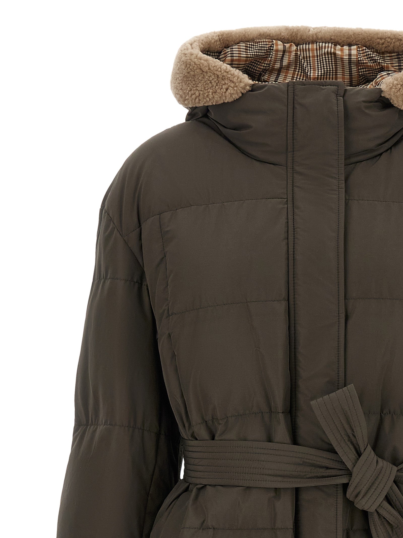 Hooded Puffer Jacket by Brunello Cucinelli for women in cotton canvas bicolour, green, olive & patterned features a dramatic silhouette, showcasing a sophisticated hooded neckline and distinctive pockets, hooded & insulated for a dramatic aesthetic.