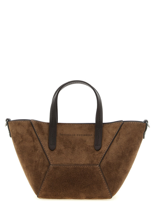 Mini Flap Handbag by Brunello Cucinelli for women in suede calfskin leather bicolour, brown, green & signature features a contemporary silhouette, showcasing a secure snap, flap, magnetic & hook, ample , and contemporary shoulder-strap, handle, adjustable-strap & detachable-strap for a sophisticated look.