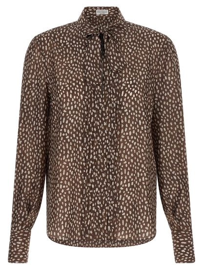 Blouse by Brunello Cucinelli for women in silk brown & patterned, featuring a nuanced long-sleeve and nuanced for a sophisticated finish.