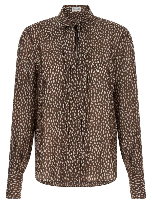 Blouse by Brunello Cucinelli for women in silk brown & patterned, featuring a nuanced long-sleeve and nuanced for a sophisticated finish.