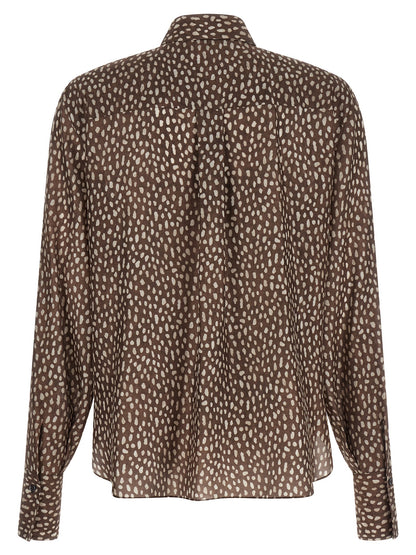 Blouse by Brunello Cucinelli for women in silk brown & patterned showcases a sleek silhouette, elegantly detailed with a sleek and for a sleek finish.