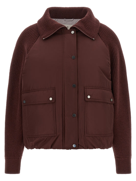Bomber Jacket by Brunello Cucinelli for women in goose-down cotton cashmere & leather bordeaux & burgundy features a city-ready silhouette, detailed with pockets & insulated and a city-ready .