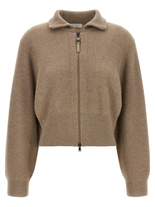 Cardigan by Brunello Cucinelli for women in cashmere & leather brown showcases a captivating silhouette, artfully detailed with a captivating long-sleeve and turtle neckline for a truly sophisticated captivating look.