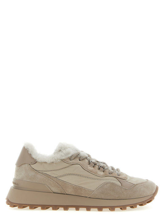 Athletic Sneakers by Brunello Cucinelli for women in tu cotton & suede calfskin leather beige & sand features an effortless chic silhouette, showcasing the signature athletic style of the Monile Play Women's Athletic TU Cotton & Suede Calfskin Leather Sneakers collection with a truly effortless chic finish.