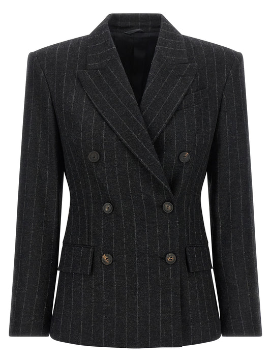 Blazer by Brunello Cucinelli for women in virgin wool cashmere gray, horn, patterned & pinstripe features an crisp silhouette with sophisticated and a crisp for a truly crisp finish.