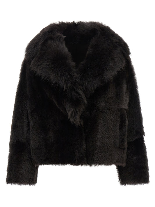 Overcoat by BLANCHA for women in lamb shearling brown features a cosy chic silhouette, artfully detailed with a sophisticated shawl-collar neckline and premium for a cosy chic finish.