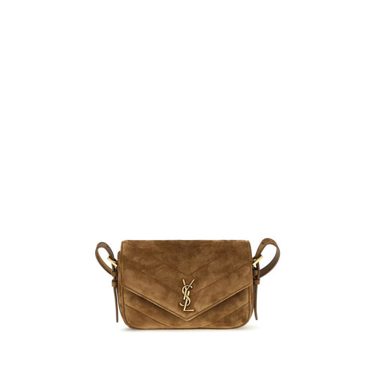 Crossbody Pouch Shoulder Bag by Saint Laurent for women in suede leather & cotton brown & chevron features a stately silhouette, showcasing a secure magnetic, ample , and stately crossbody-strap & shoulder-strap for a stately finish.