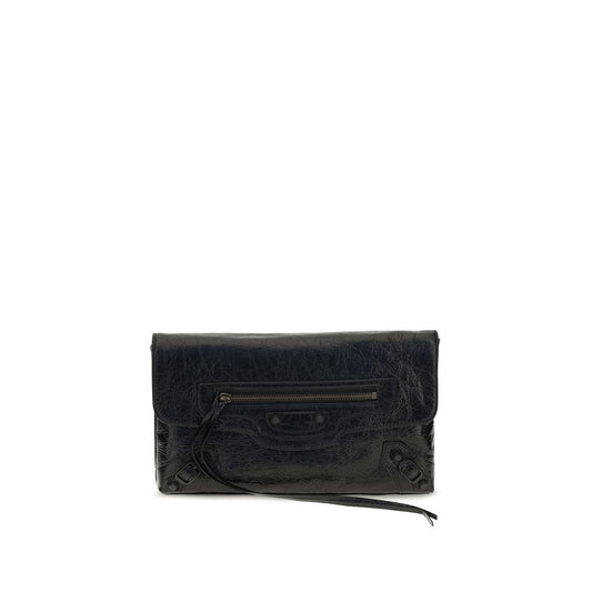 Compact Clutch Handbag by Balenciaga for women in lambskin leather & cotton canvas black features a sculptural silhouette with a secure zipper & magnetic, organized , and versatile for a sculptural finish.